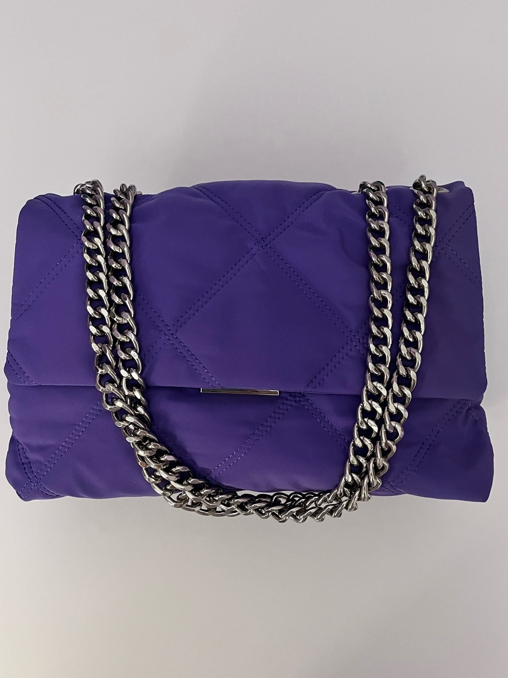 Mango MNG Purple Quilted Puff Flap Shoulder Bag Silver Chain Strap